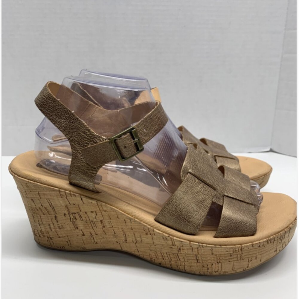 Korks by Kork Ease Wedge Sandal Open Toe Ankle Strap Cork Heels Metallic Gold 10 - Picture 4 of 12